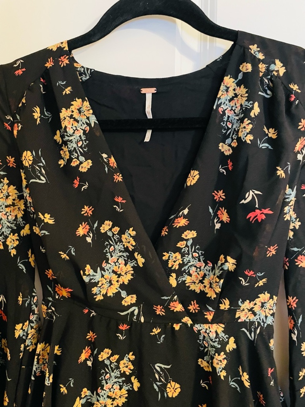 Free People Black Floral Long-Sleeve Wrap Dress with Yellow & Red Accents